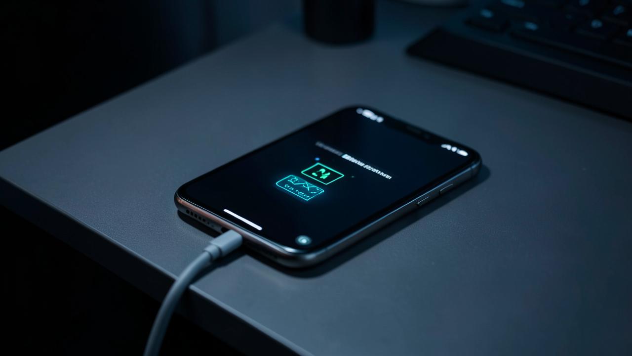 Telemóvel a carregar com cabo USB-C numa mesa de cabeceira escura