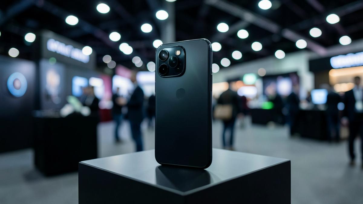 Telemóvel exposto num pedestal escuro numa feira de tecnologia