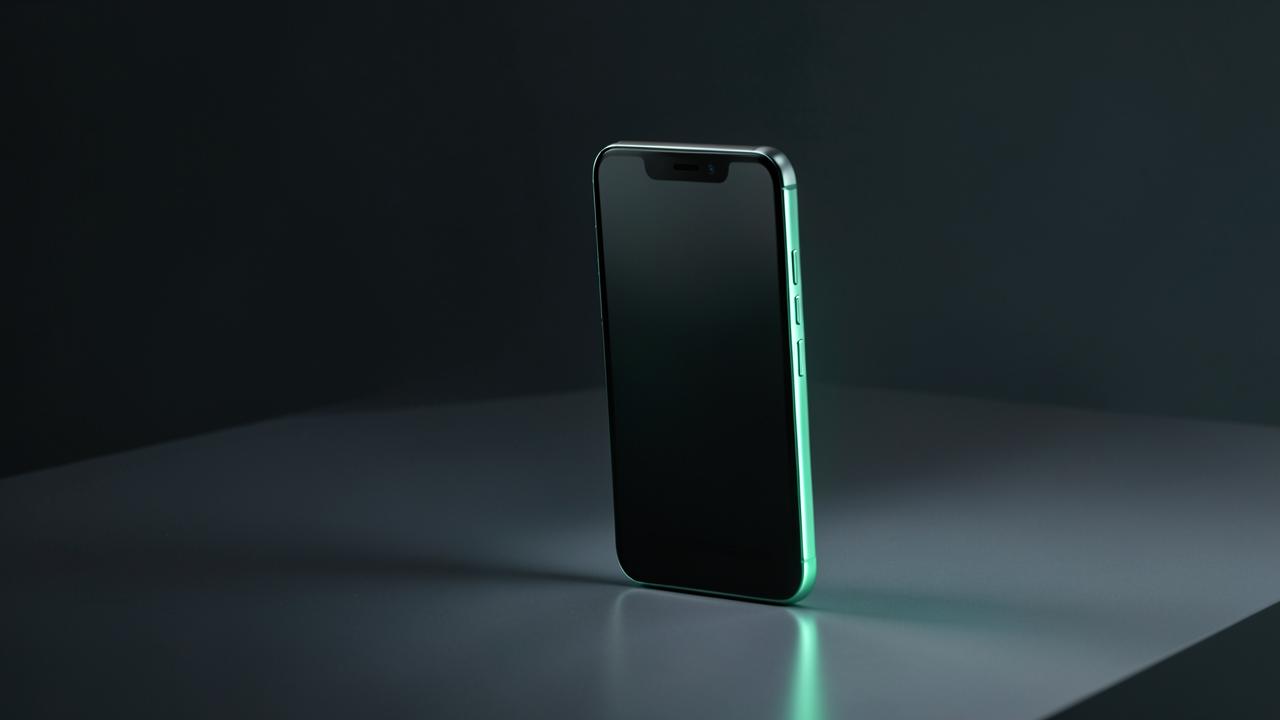 Smartphone dobrável semiaberto sobre uma superfície cinzenta escura