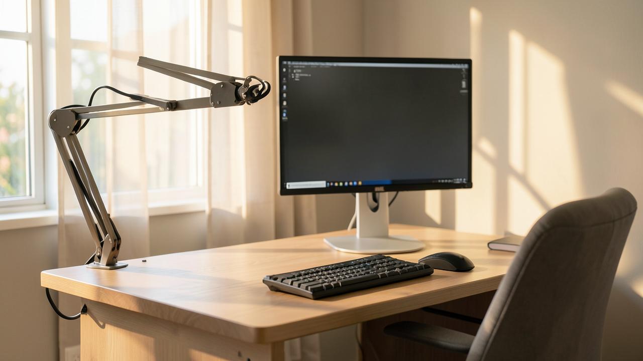 Secretária de teletrabalho com monitor em braço articulado e luz natural